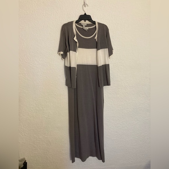 Barbara Lesser Maxi Dress Tank Style w Matching Sweater Gray White Size Large - Picture 2 of 9